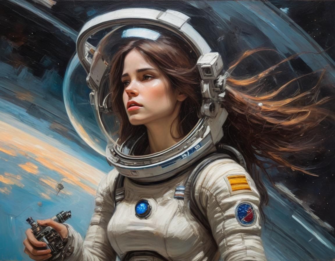 Android Woman in Space Station, Oil Painting Style