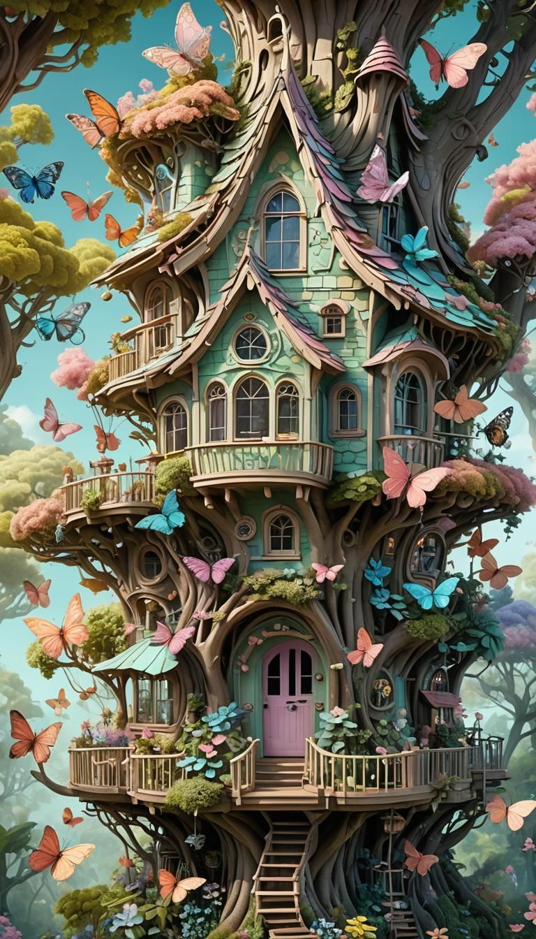 Whimsical Butterfly Fairy Treehouse in Pastel Colors