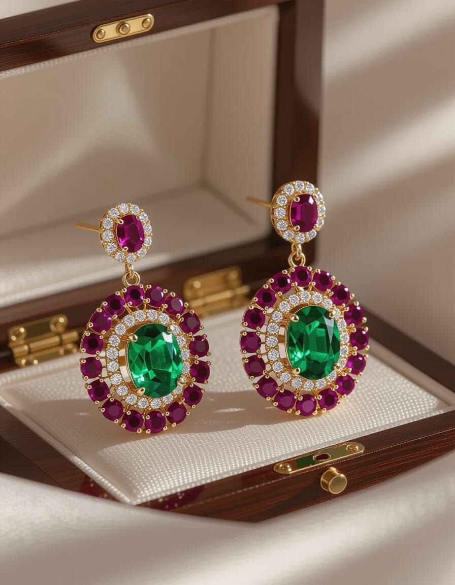Regal Lady's Emerald & Diamond Earring in 3D Style
