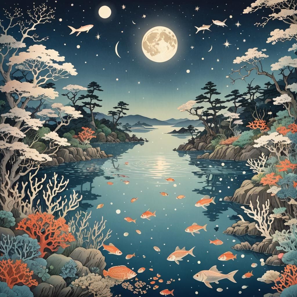 Underwater Ukiyo-e Landscape with Full Moon