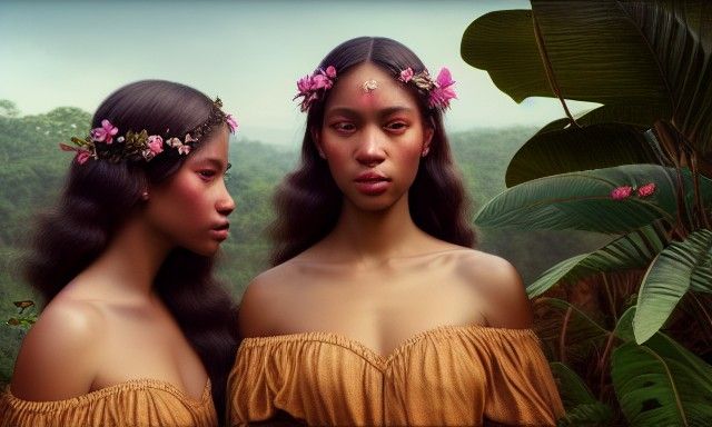 Amazonian Girls Share Food: Photorealistic Oil Painting