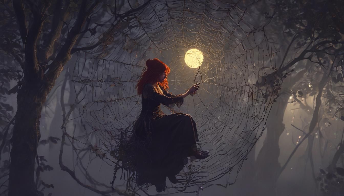 Red-Headed Witch Weaving Macrame Spider in Dark Fantasy Art