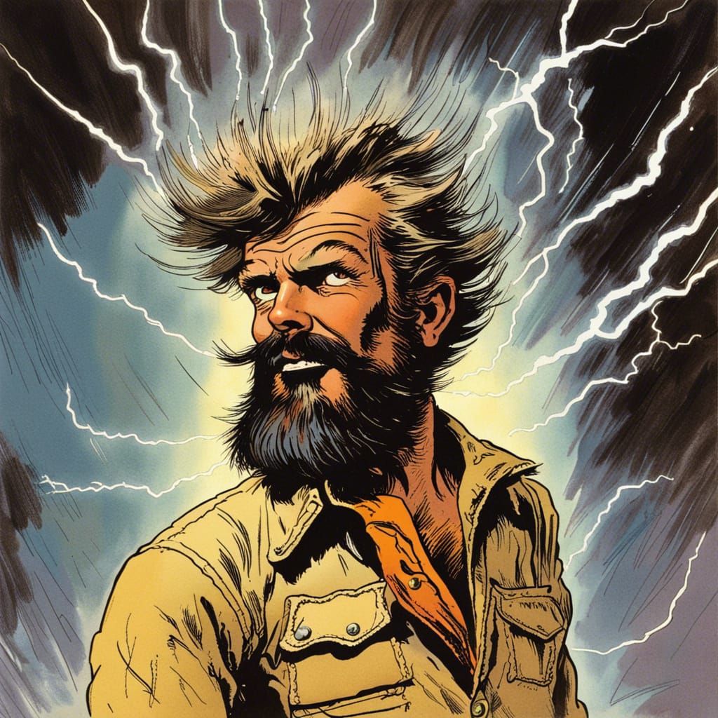 Electrocuted Man in 70s Sci-Fi Art Style