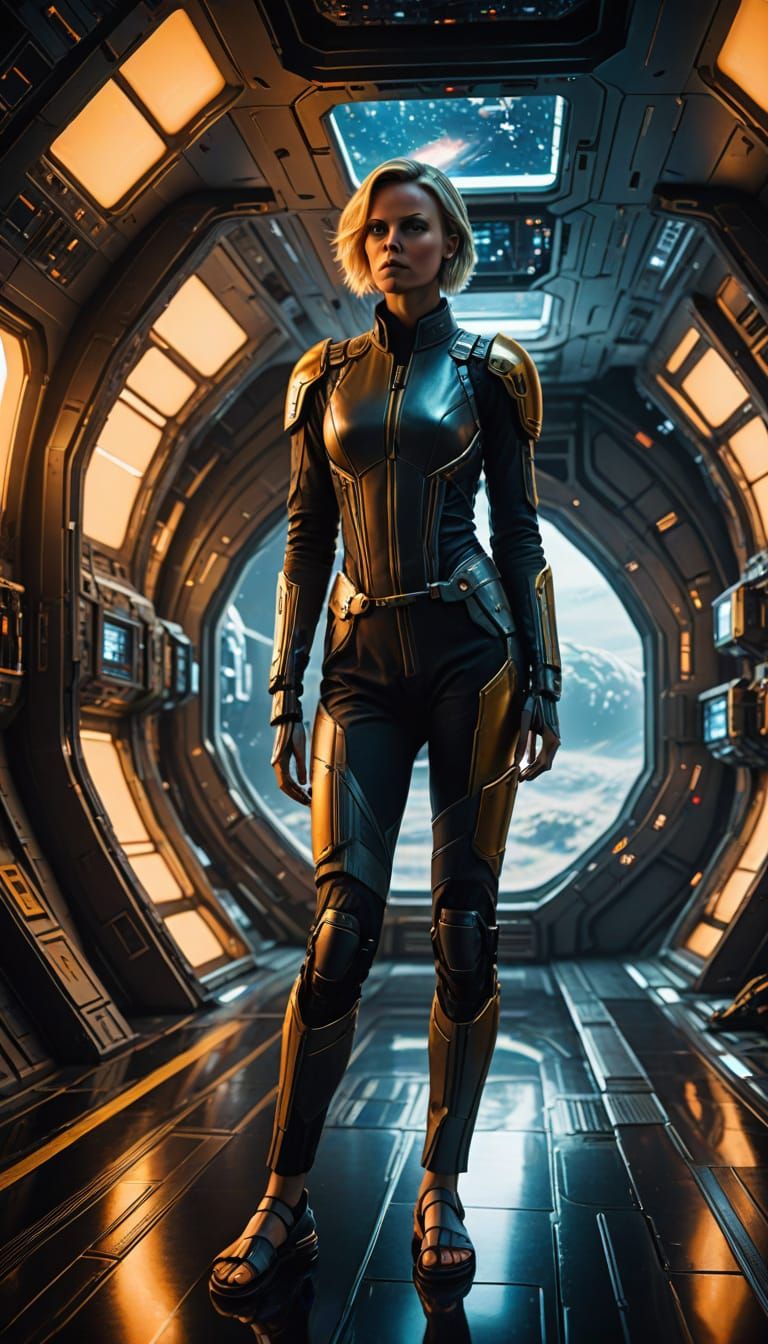 Charlize Theron in a Futuristic Spacecraft Interior
