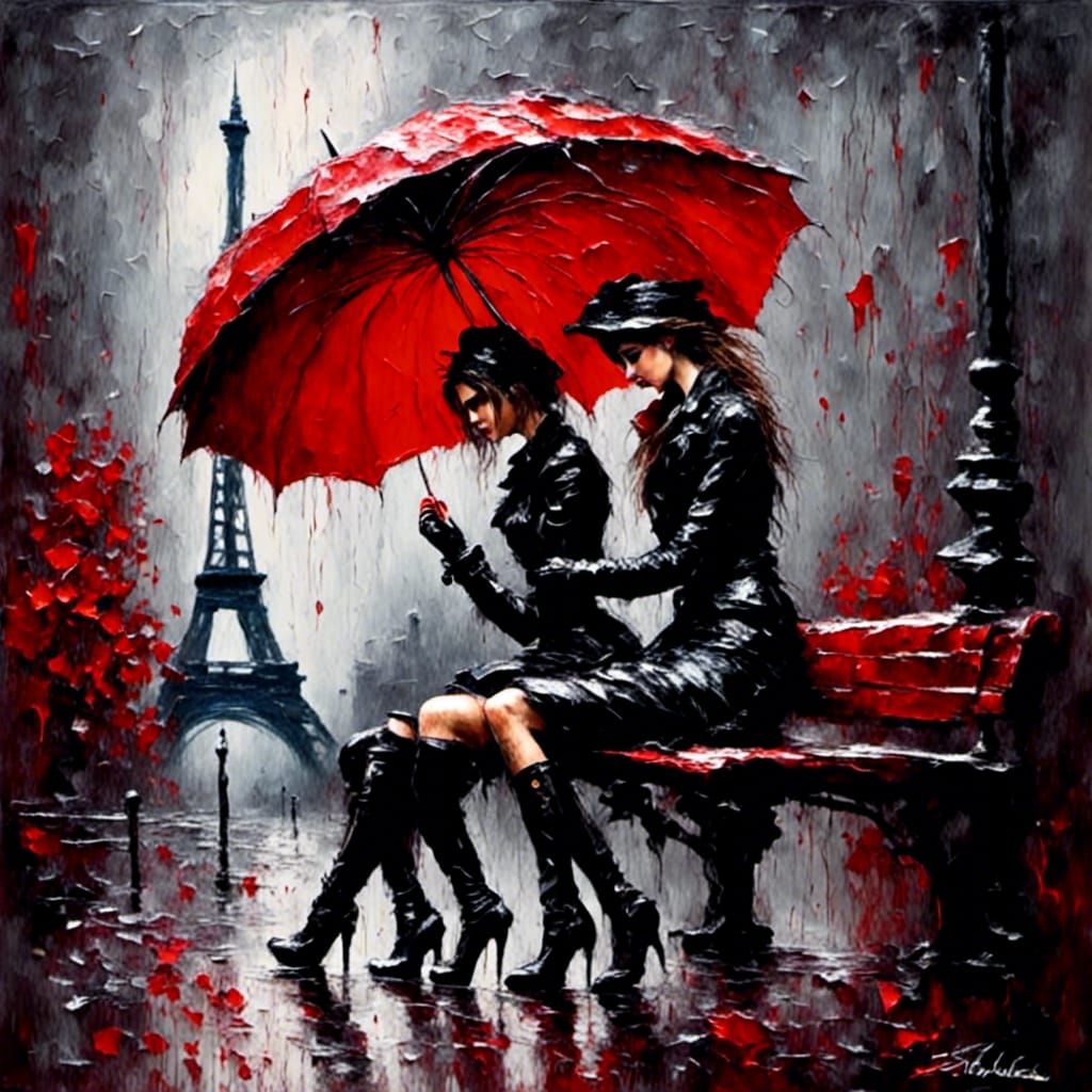 Lesbian Couple in Rainy Paris: A Macabre Impasto Painting