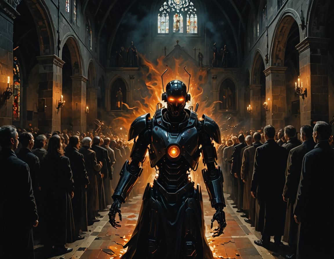 Robotic Entity Enters Church in Dark Surrealism Style