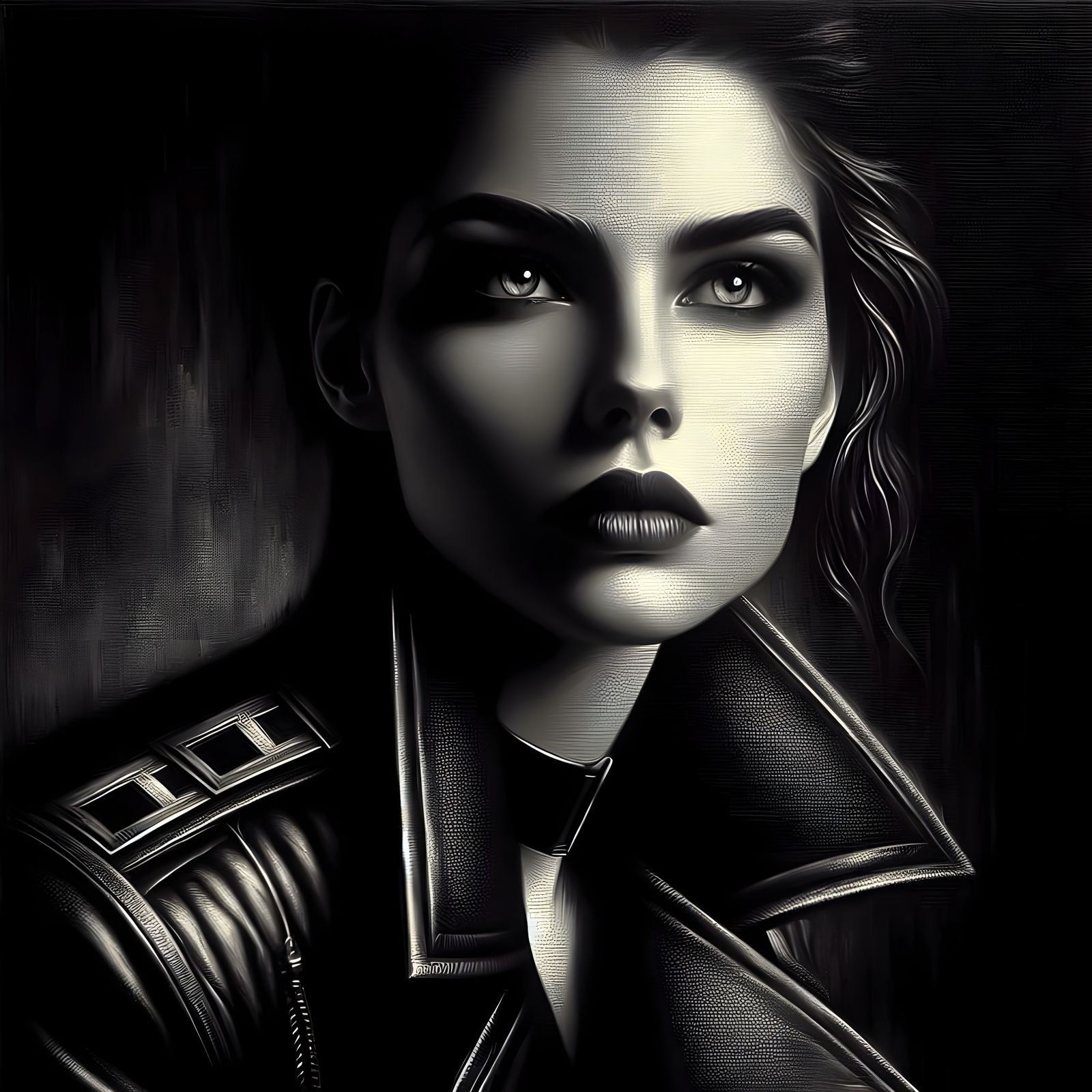 Confident Woman in Dark Velvety Background with Dramatic Lig...