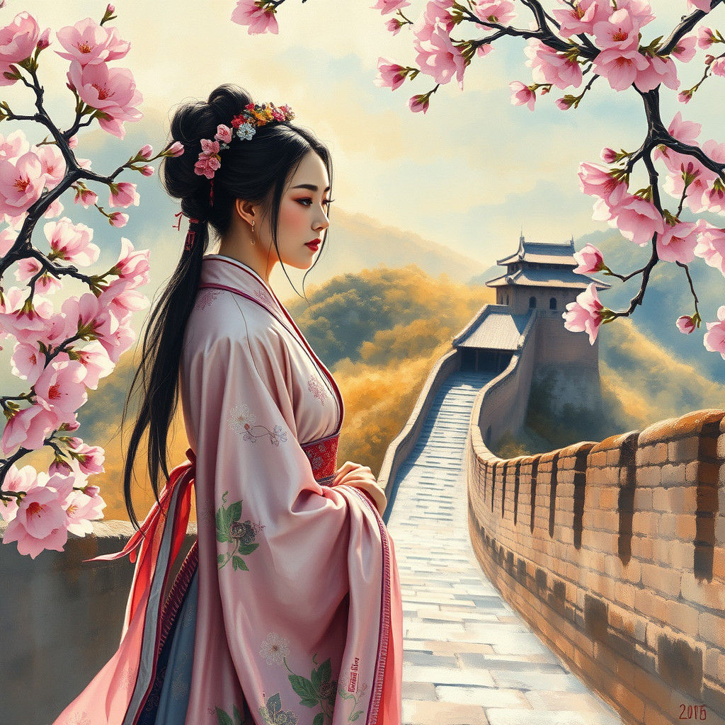 Chinese Lady at Great Wall with Plum Blossoms