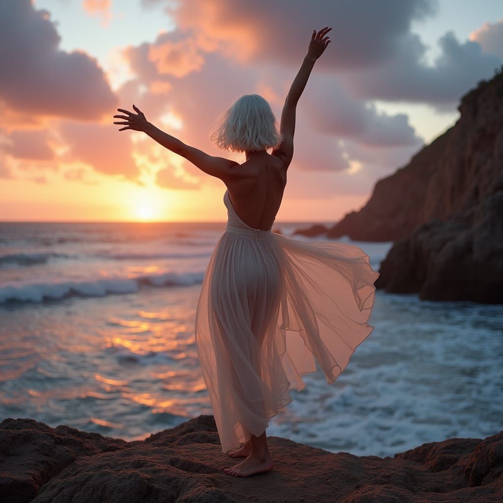 Ethereal Seaside Goddess in Sunset Glow