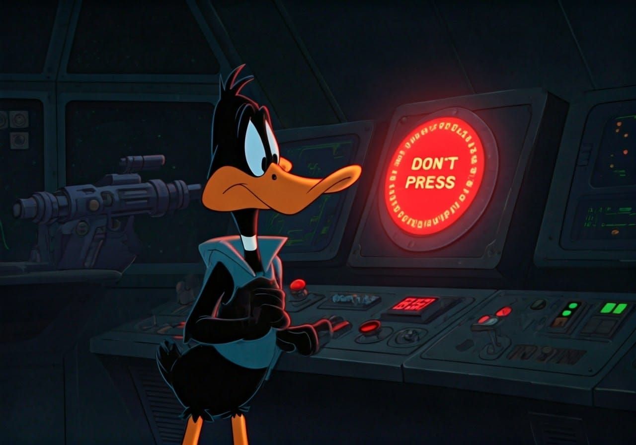 Daffy Duck in Futuristic Space Suit Faces Doomsday Button