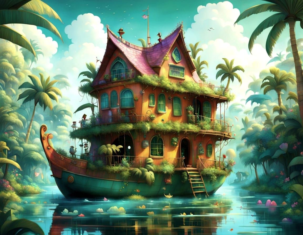 Whimsical Wonky Houseboat in Tropical Lagoon