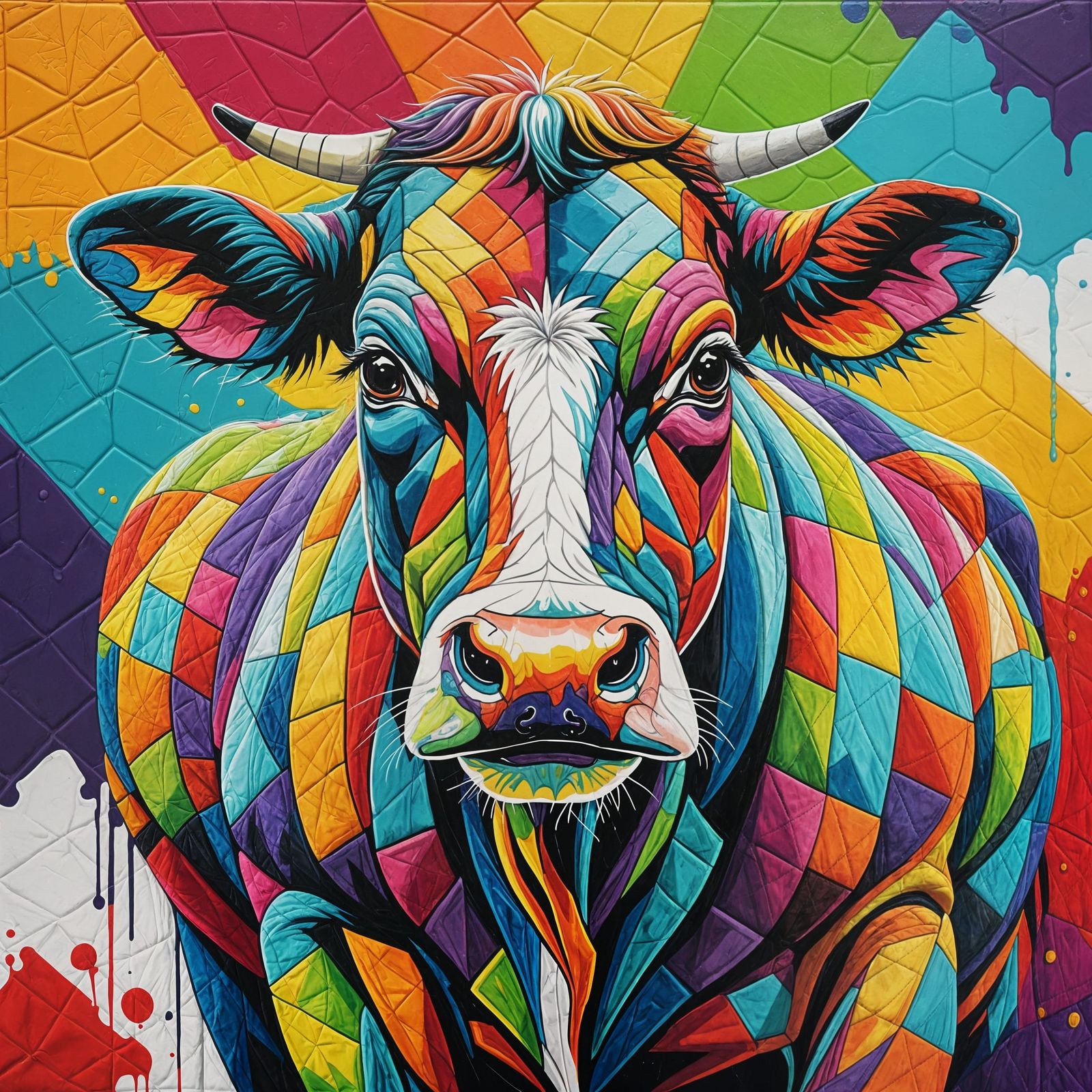 Rainbow Patchwork Quilted Cow in Graffiti Art Style