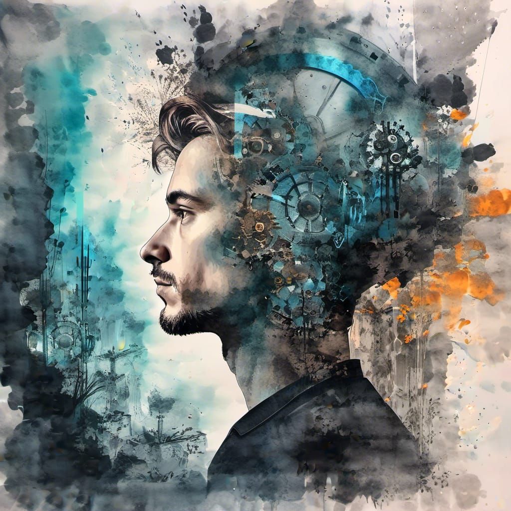 Clockwork Face in Dark Cavern: Double Exposure Art