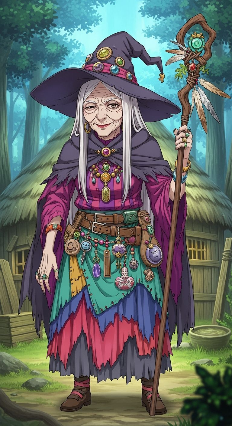 Eerie Witch in Colorful Rags with Enchanted Staff