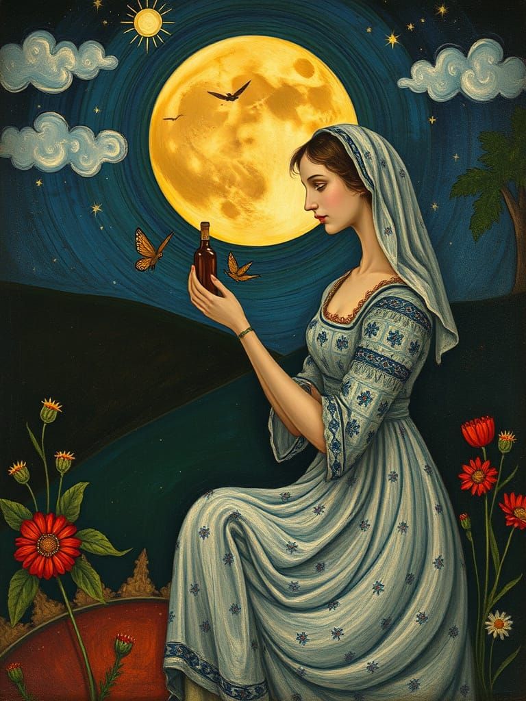 Woman's Midsummer Offering Under Moonlight in Folk Art Style