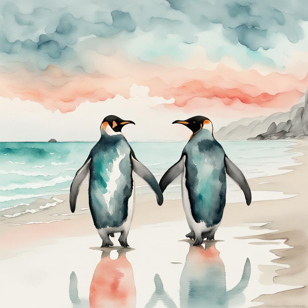Penguin Couple Stroll on Beach in Watercolor Style