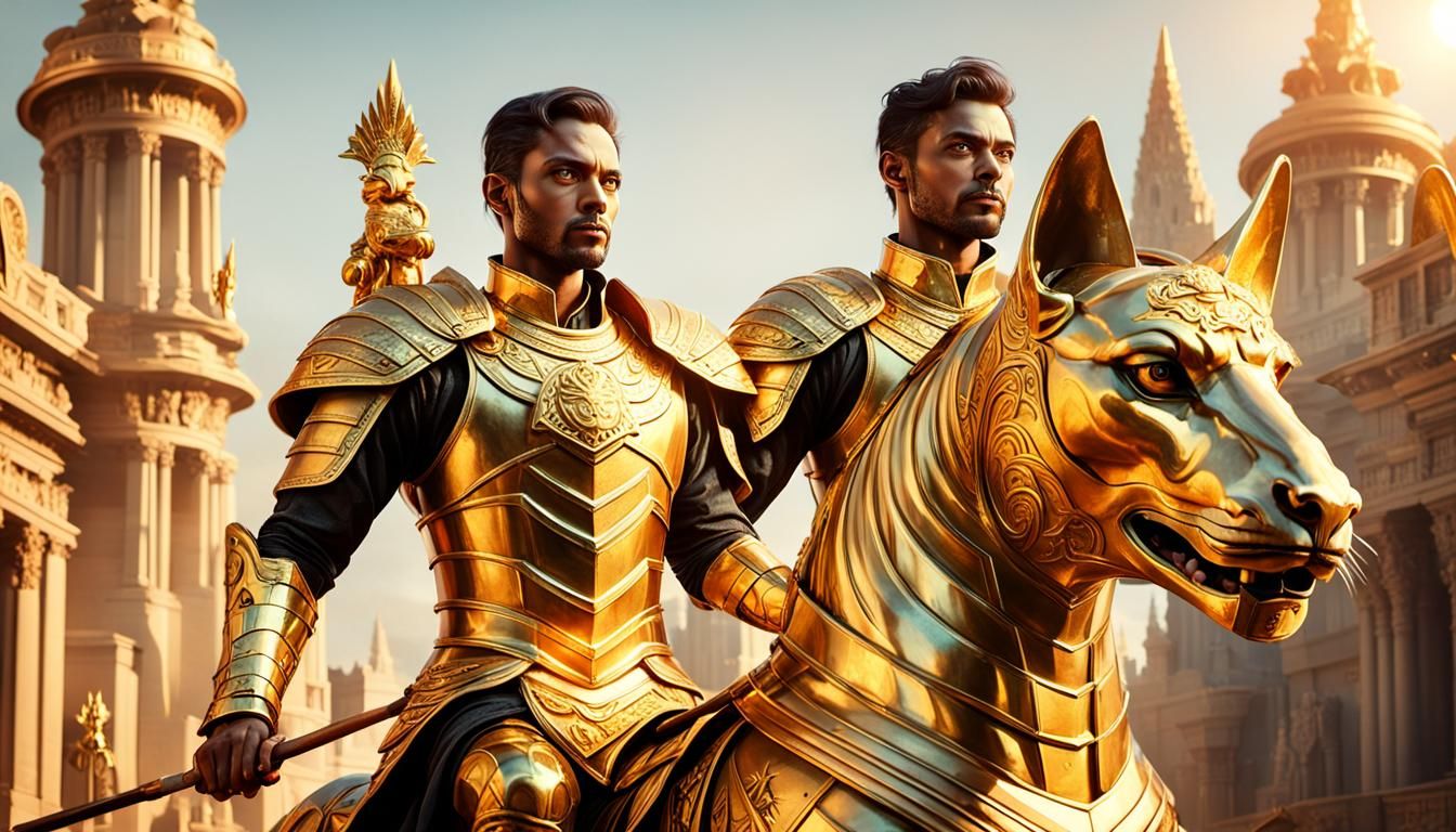 Golden Charioteer in Majestic Cityscape: Cinematic Art
