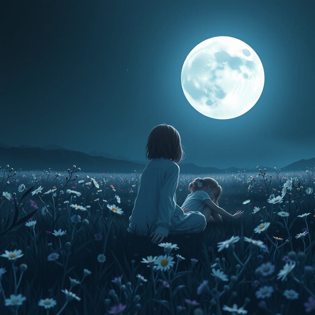 Girls in Moonlit Field of Blooming Wildflowers