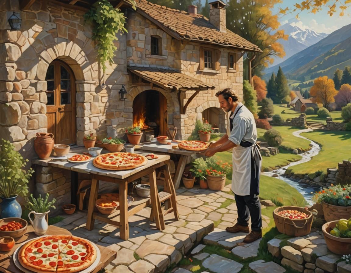 Baroque-Style Masterpiece: Man Crafts Pizza in Serene Countr...