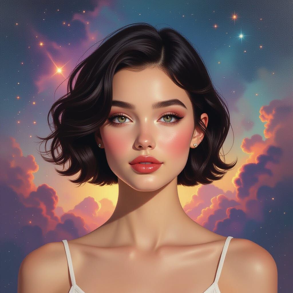 Cosmic Portrait of Woman with Porcelain Skin