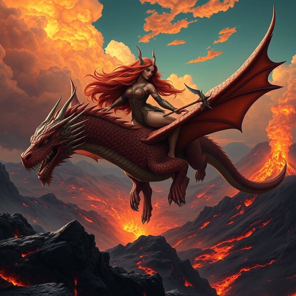 Valkyrie Soaring Through Volcanic Landscape in Art Nouveau S...