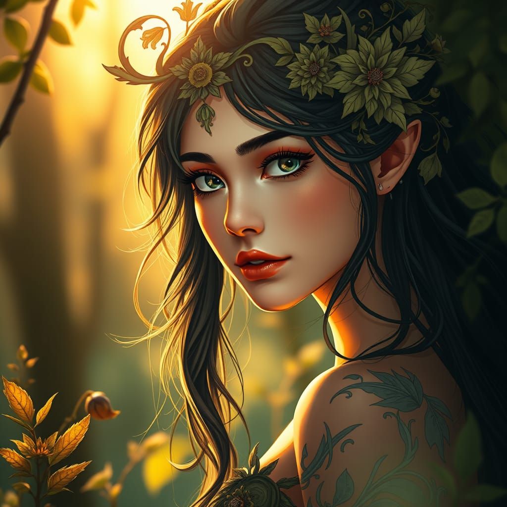 Ethereal Forest Nymph in Dreamy Sunlight, Cyberpunk-Inspired