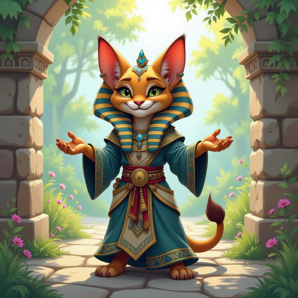 Mischievous Sphinx Poses Riddle in Dreamlike Fantasy Scene