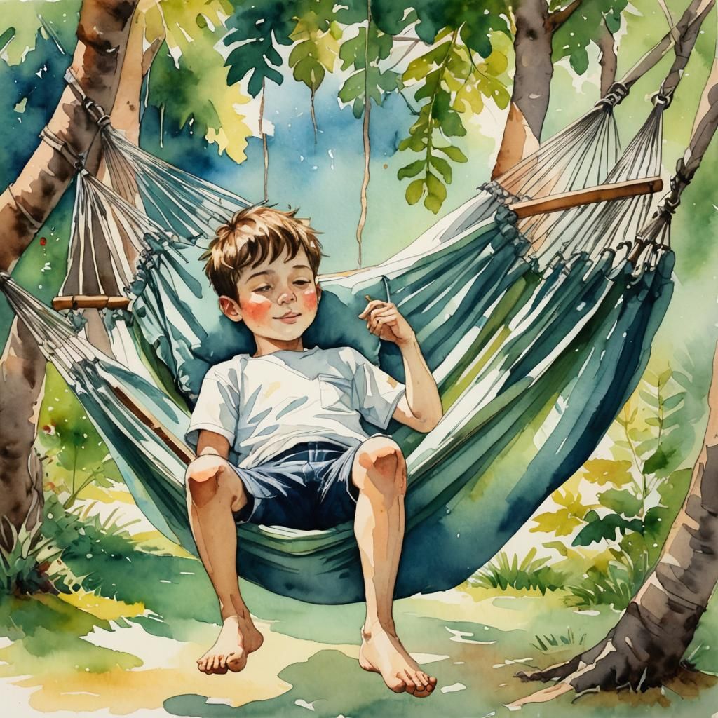 Boy in Hammock: Ink and Watercolor Summer Daydream