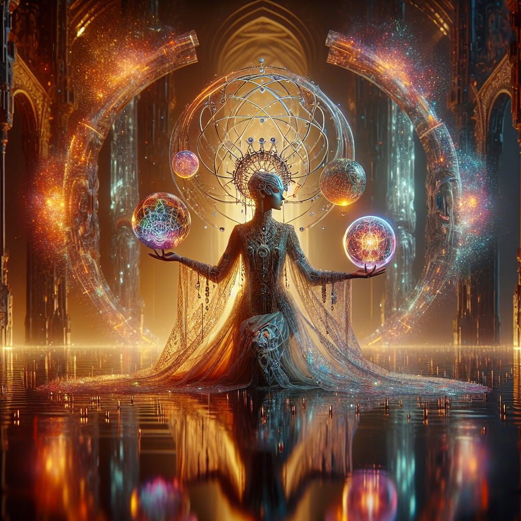 Futuristic Fantasy: Woman with Artifacts in Surreal Setting