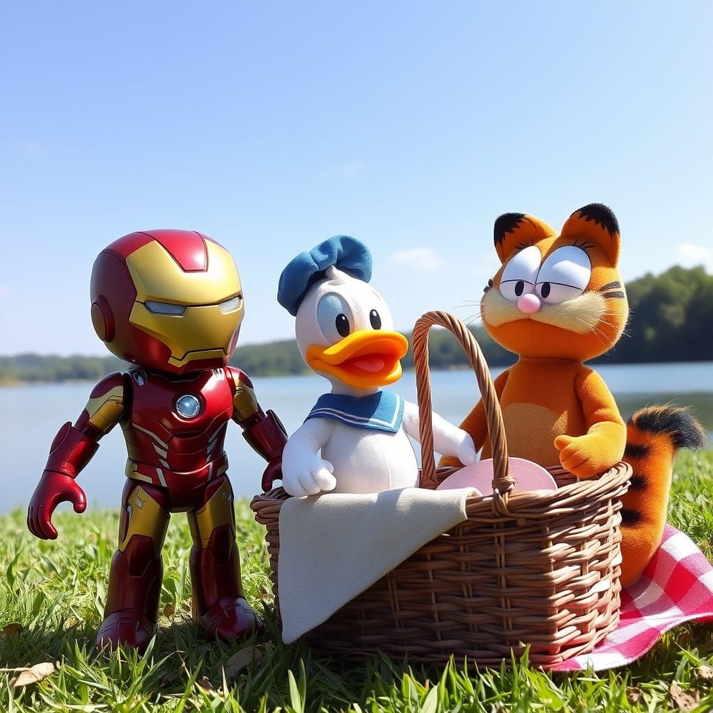 Iron Man, Donald Duck, and Garfield's Lakeside Picnic