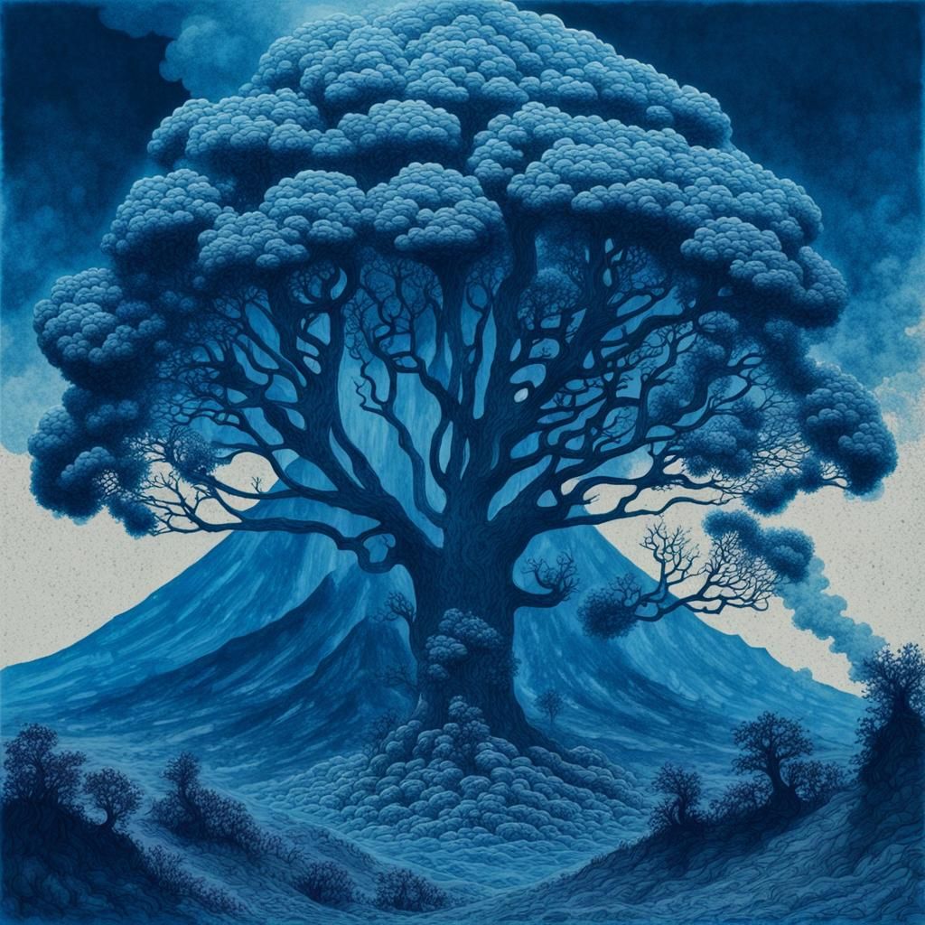 Ethereal Cyanotype Volcano Eruption in Solarpunk Landscape
