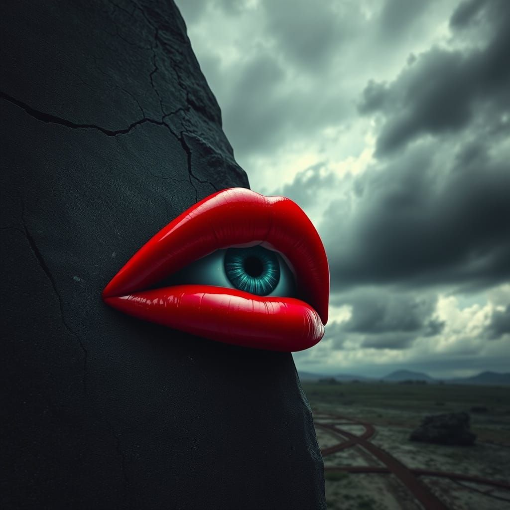 Surreal Lips with Human Eye in Stormy Landscape