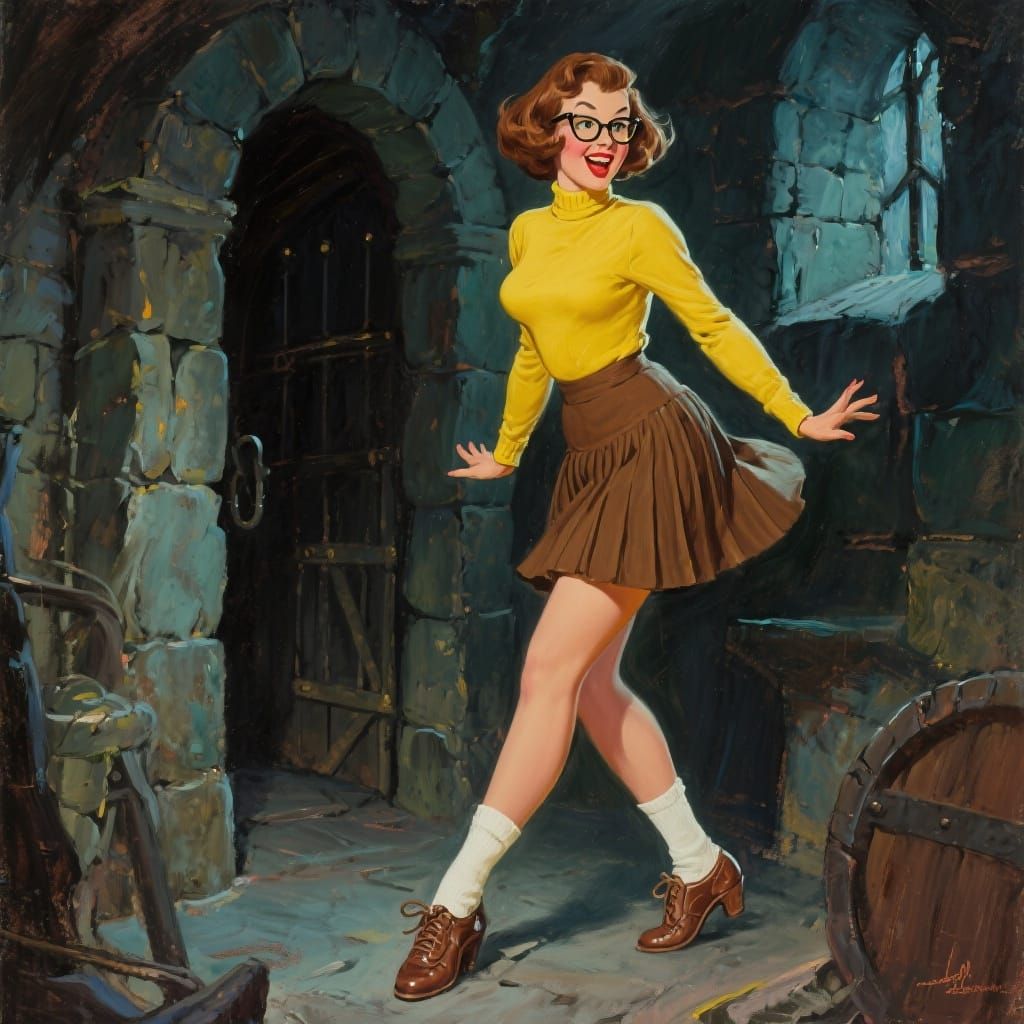 Vivacious Woman in Dungeon, Gil Elvgren Style Oil Painting