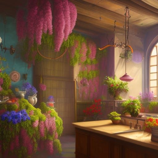 Kitchen Overflowing with Flowers in Detailed Matte Painting