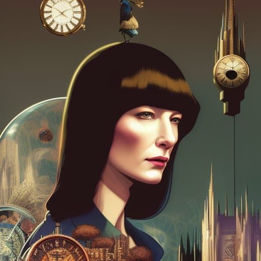 Cate Blanchett Surrounded by Clocks in Collage Art