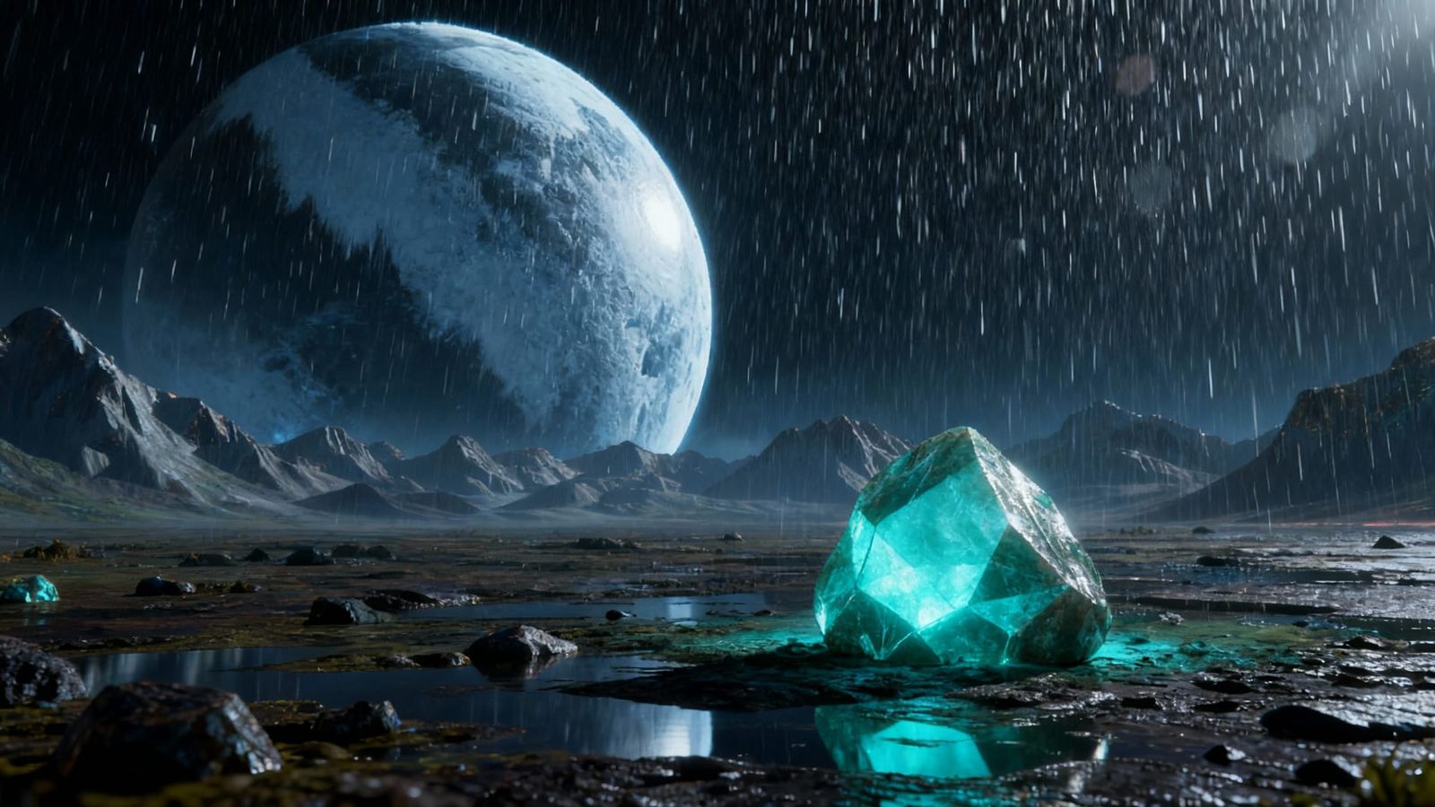 Glowing Amazonite on Alien Plain with Ice Planet