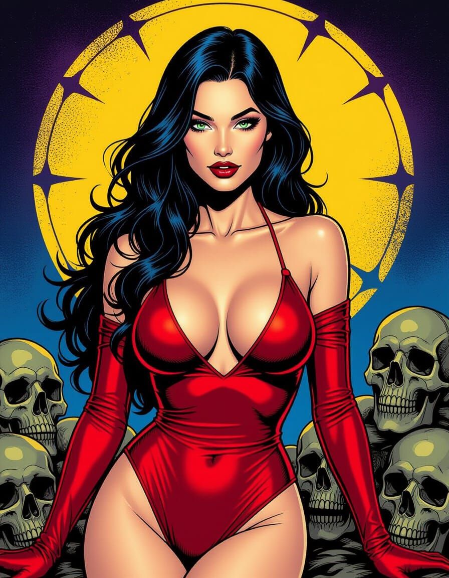 Gothic Superheroine Surrounded by Skulls in Comic Style