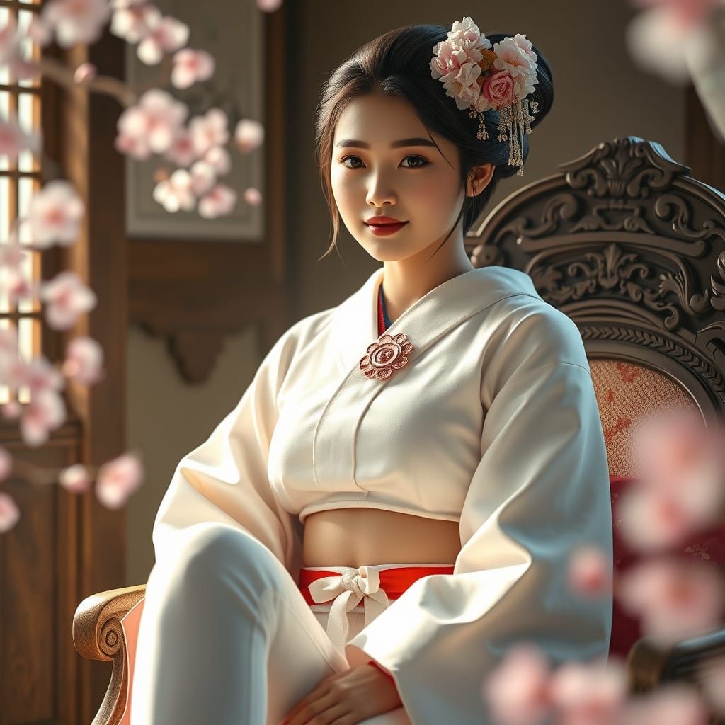 Geisha in Modern Attire with Cherry Blossoms