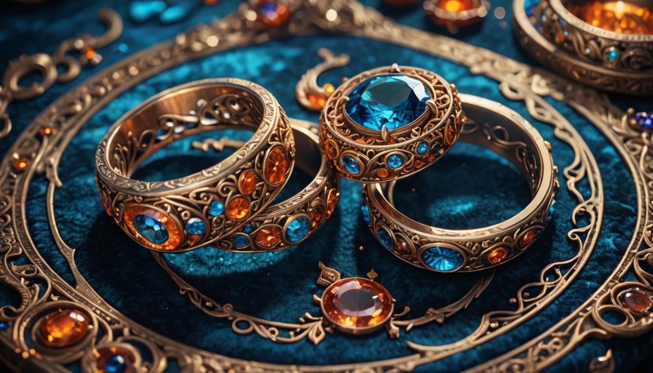 Fantasy Wedding Rings with Mystical Artifacts