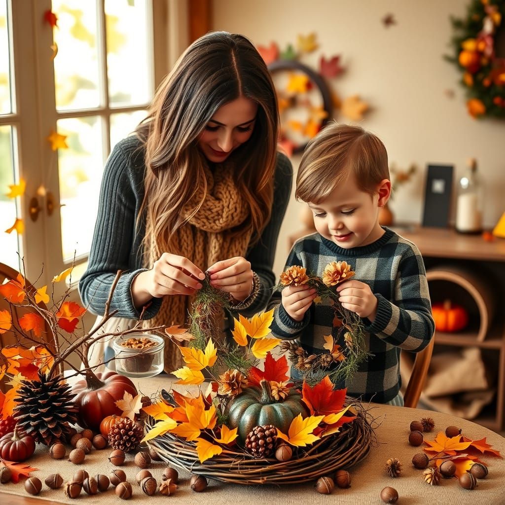 Crafting Autumn Decorations: A Cozy Family Scene