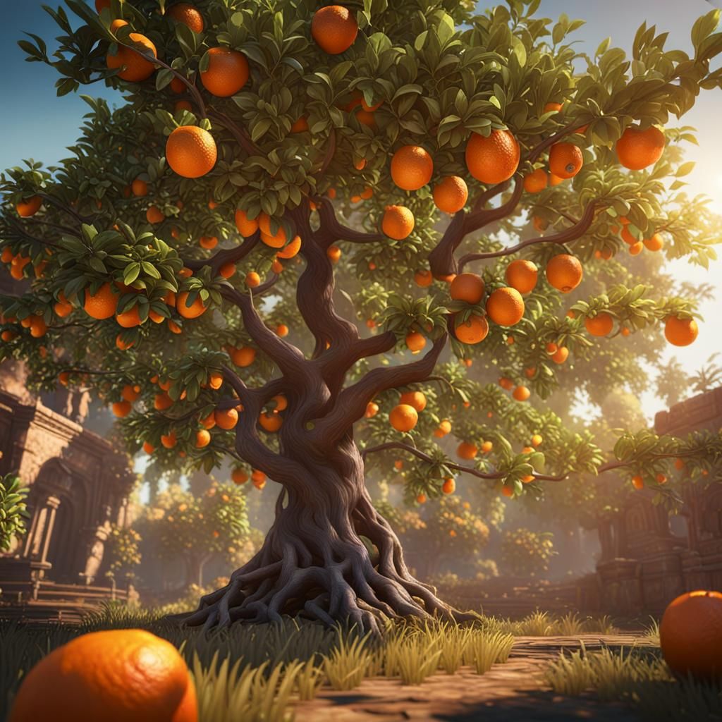 Lush Orange Tree in 3D Game Style