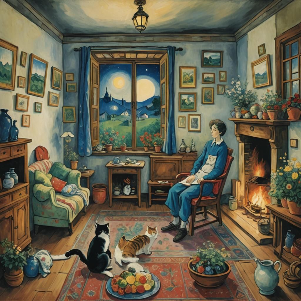 Cozy Cat House Evening Inspired by Chagall and Ghibli