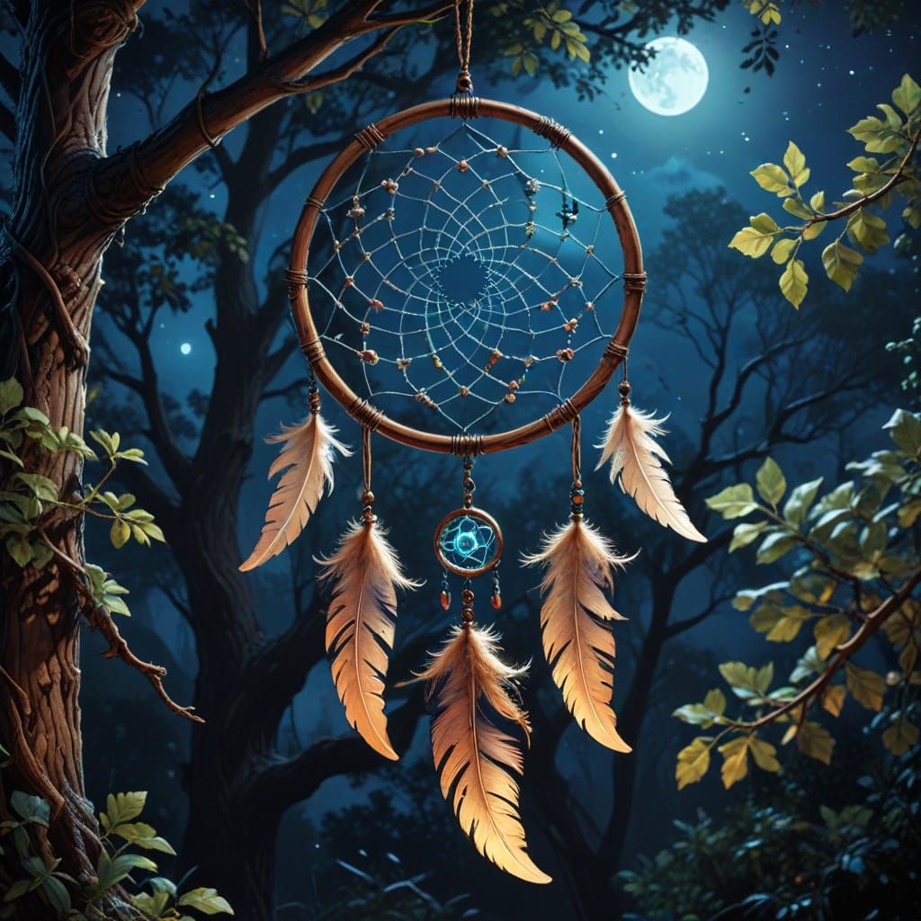 Dreamcatcher in Oak Tree at Night: Comic Book Style