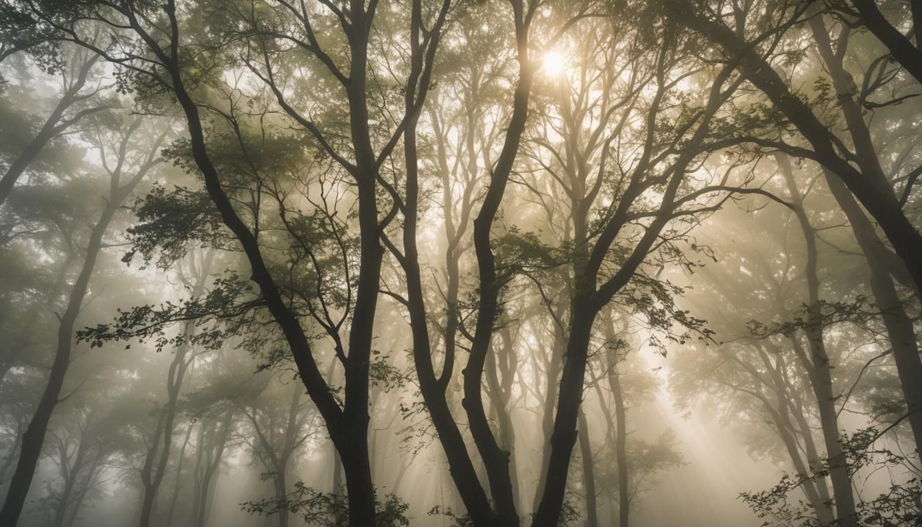 Trees in Fog with Heavenly Sunshine