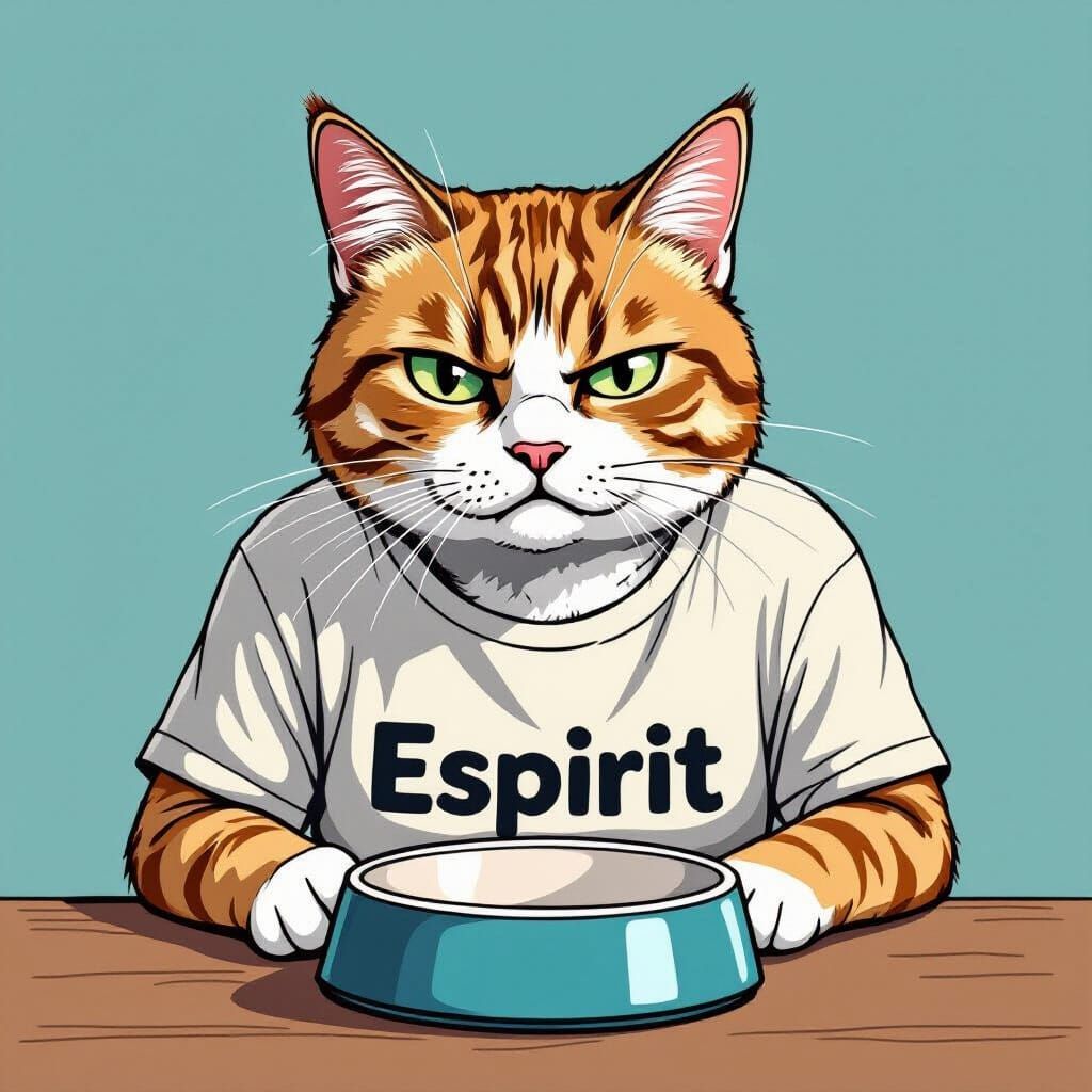 Annoyed Cat in Espirit Shirt Stares at Empty Bowl