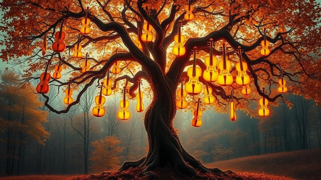 Ethereal Violin Tree in Mystical Autumn Landscape