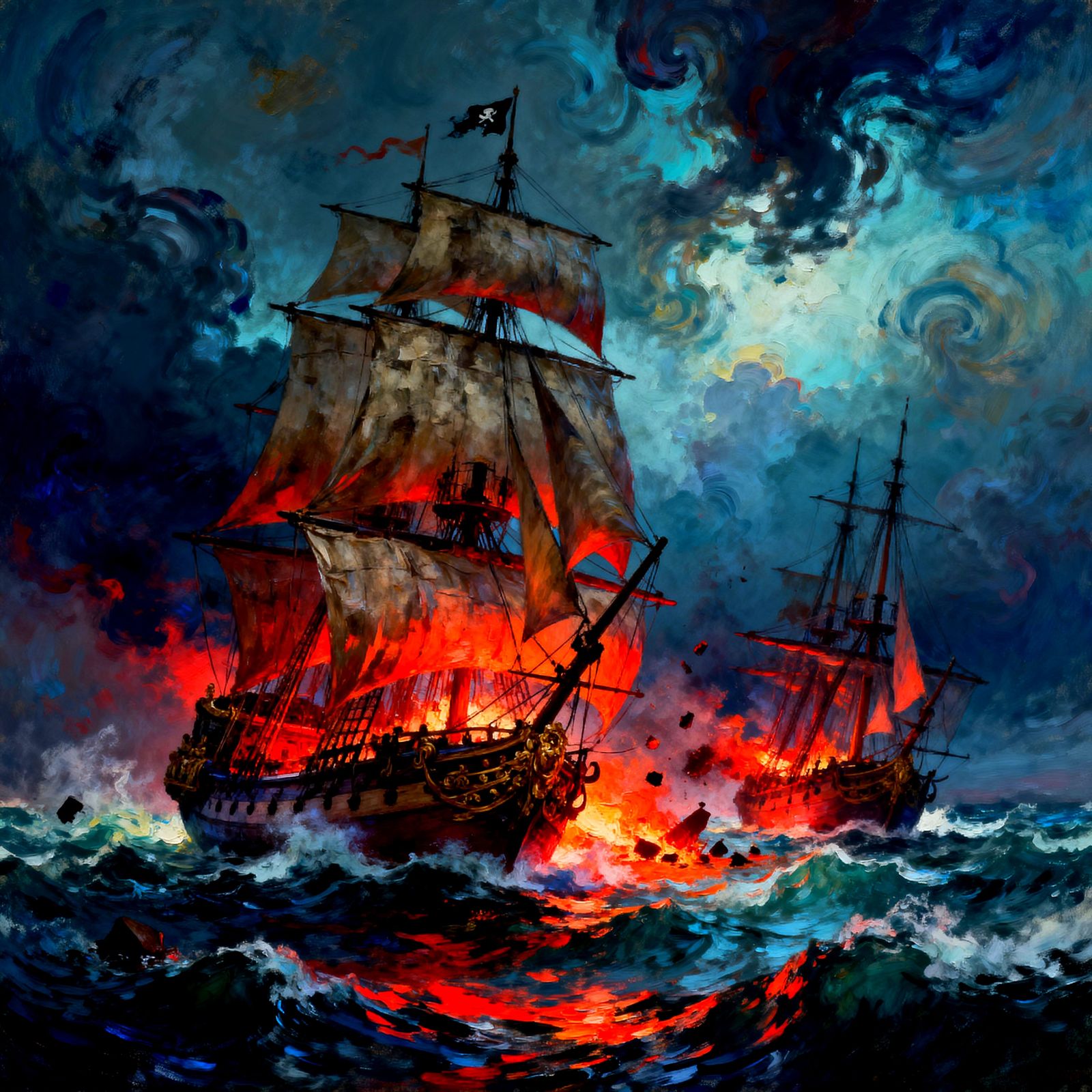 Pirate Ship Battle in Stormy Seas Oil Painting