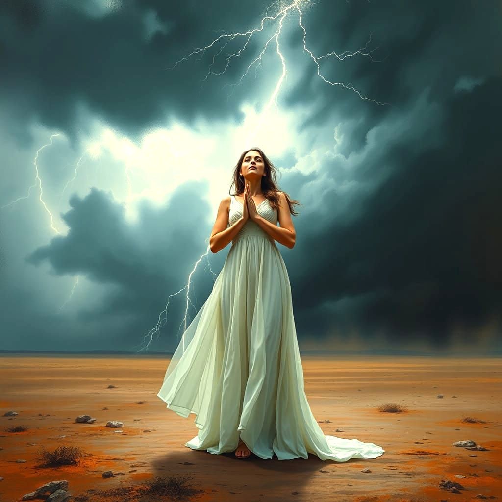 Majestic Woman Prays Amidst Turbulent Stormy Skies