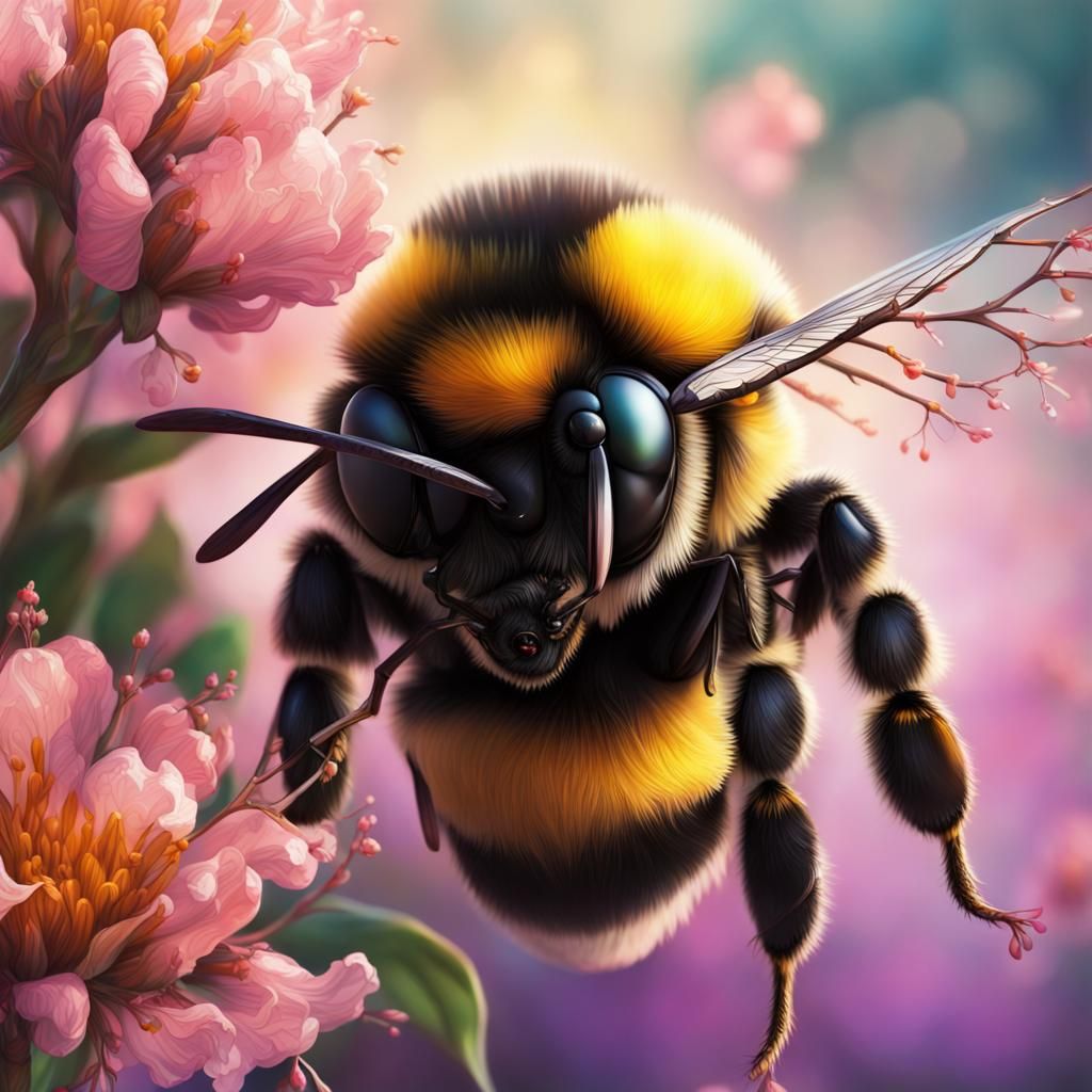 Bumblebee Pollinating Flowers in Hyperrealistic Style