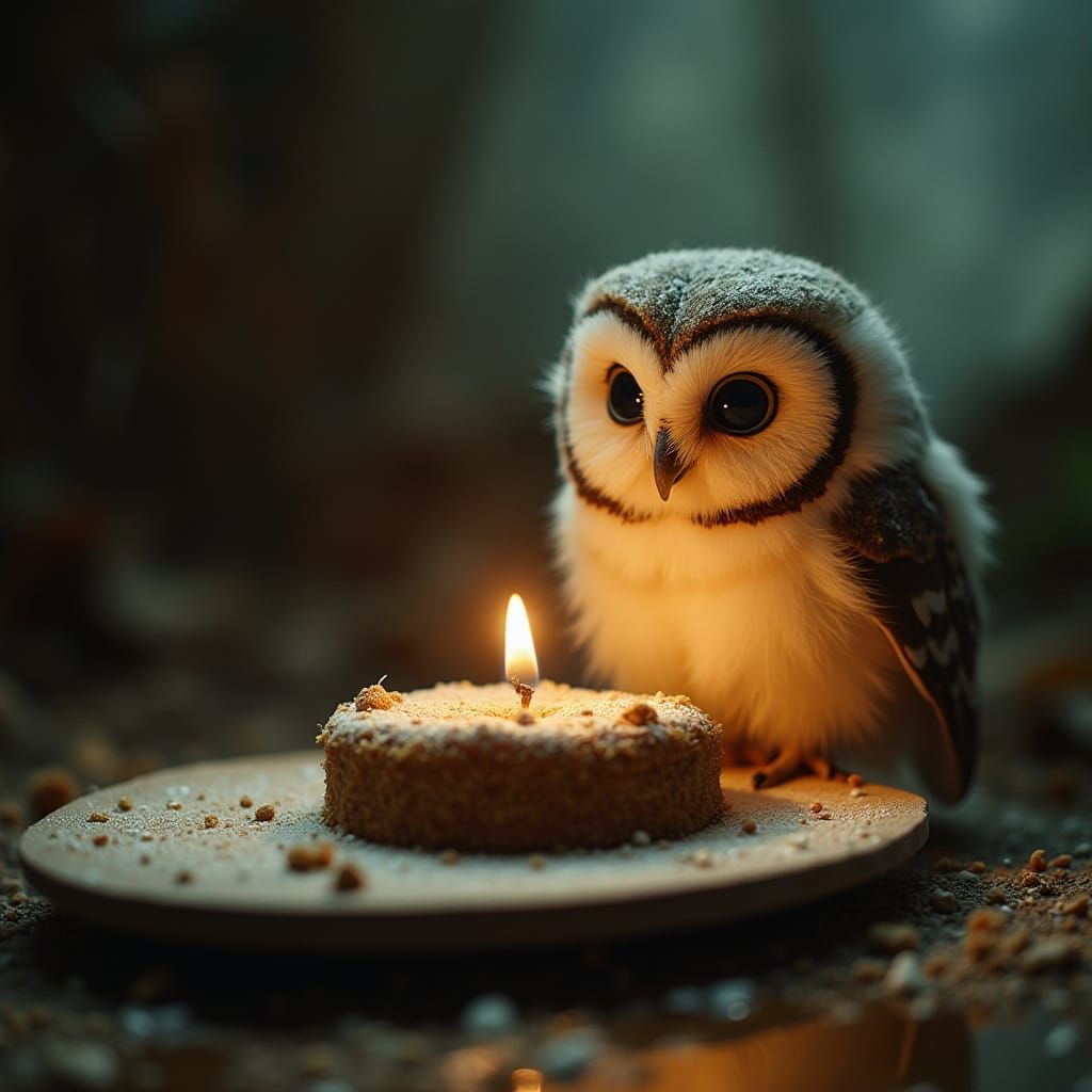 Surreal Whimsy: Fluffy Owl in Cinematic Film Still